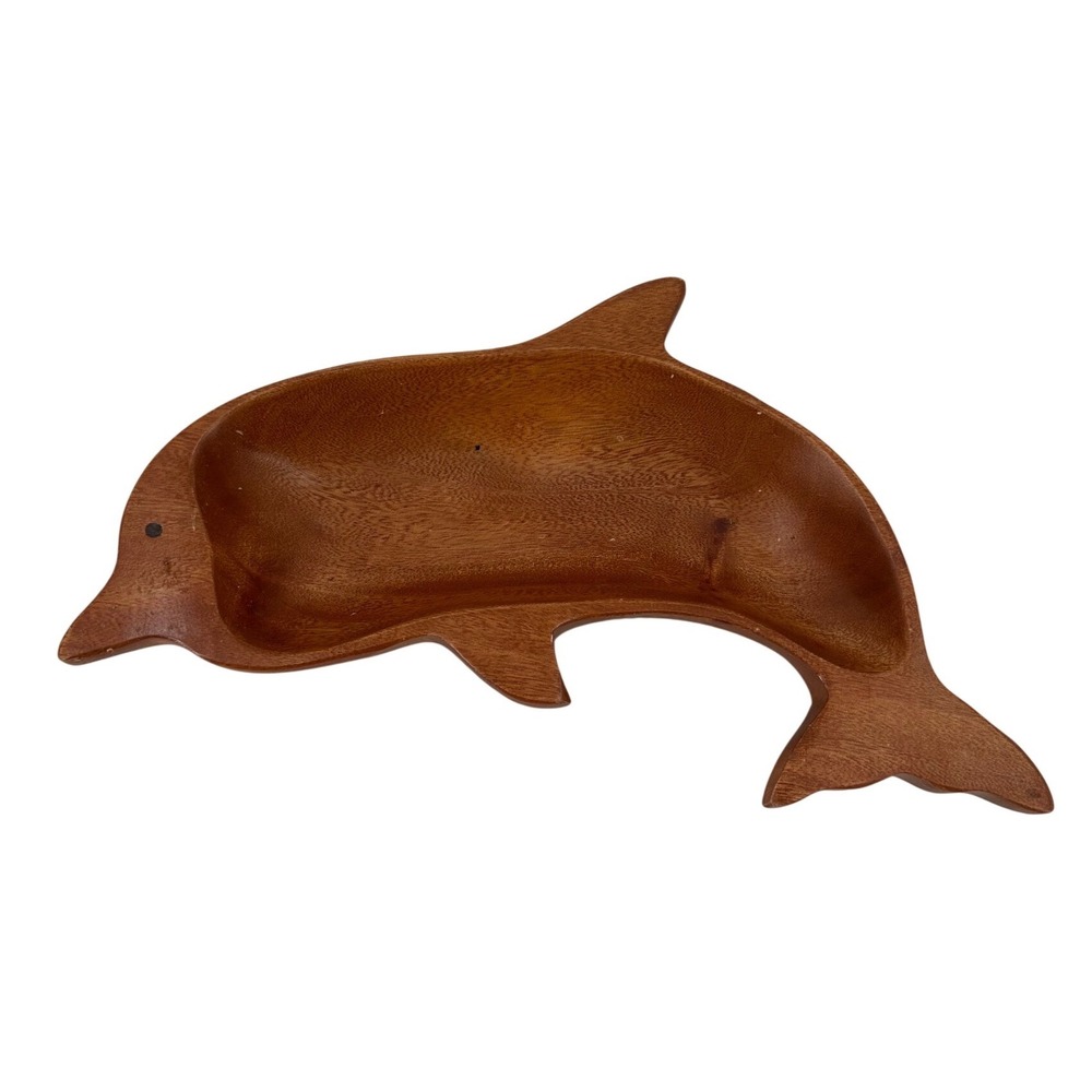 Kamani Woods Hand Carved Wooden Dolphin Serving Bowl Trinket‎ Dish Brown Vintage
